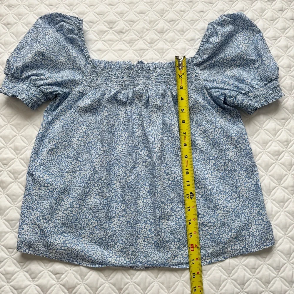 J Crew Liberty Jacqueline's Blossom Floral Blue Smocked Puff Sleeve Top Size M